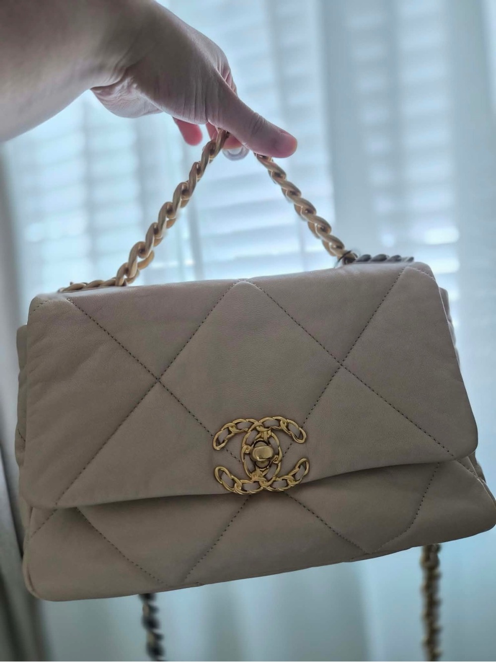CHANEL 19 Quilted Shoulder Bag in Beige with Gold Hardware